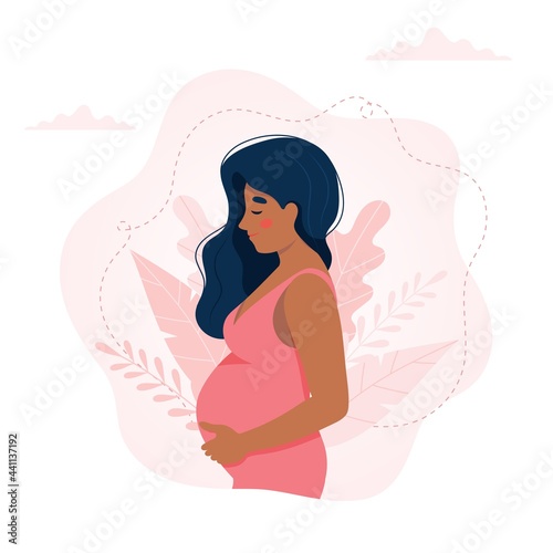 Pregnant black woman concept vector illustration in cute cartoon style, healthcare, pregnancy