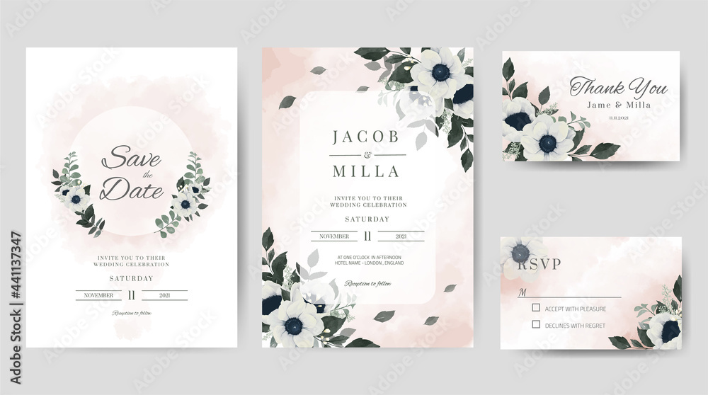 Wedding invitation card template set. White color Anemone watercolor flower background. Greenery greeting card. 