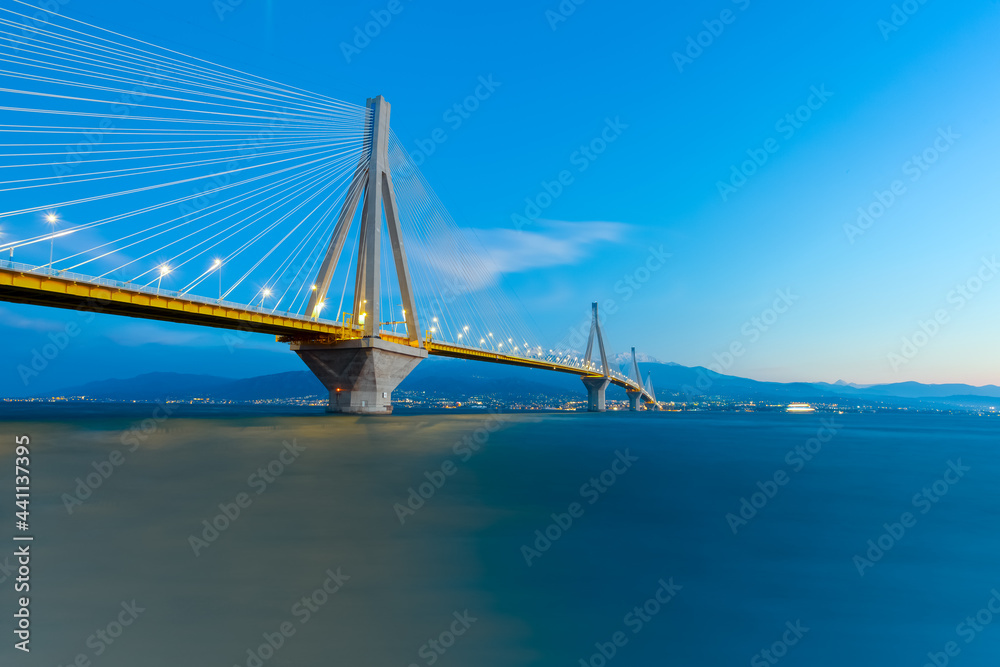 Naklejka premium Greece Rio Bridge, a Suspension bridge crossing Rio and Antirio. It Is the world's second longest cable-stayed bridge. Greece