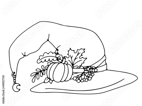 Headdress for the holiday coloring book. Pointed witch hats are a decorative element for Halloween. Gloomy Doodles. Vector illustration isolated on white background