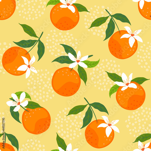 Abstract seamless pattern with orange fruits, flowers and leaves. Vector illustration.