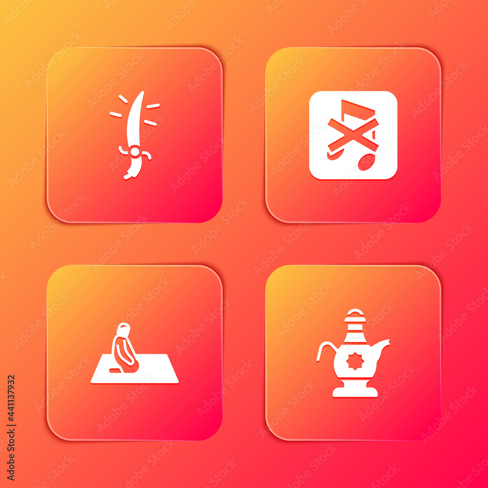 Set Arabian saber, Speaker mute, Muslim man prays and Islamic teapot icon. Vector