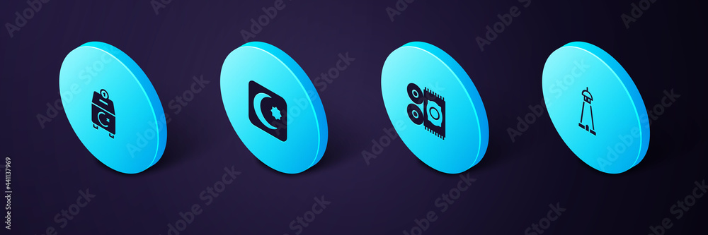 Set Isometric Mosque tower or minaret, Traditional carpet, Star and crescent and Donate pay your zakat icon. Vector Set Isometric Mosque tower or minaret, Traditional carpet, Star and crescent and Donate pay your zakat icon. Vector