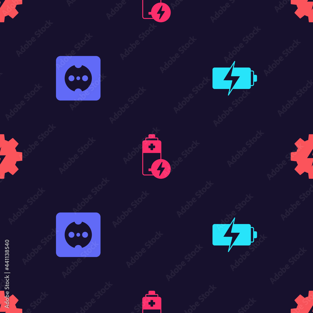 Set Battery, Electrical outlet, and Gear and lightning on seamless pattern. Vector Set Battery, Electrical outlet, and Gear and lightning on seamless pattern. Vector