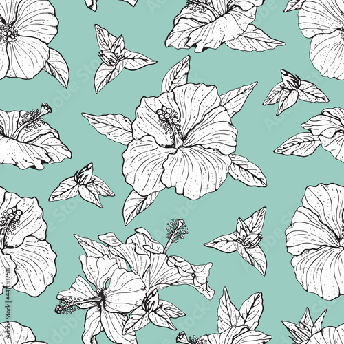 Seamless pattern with line art monochrome hibiscus flowers, buds and leaves, with black outline. On turquoise background. Stock vector illustration.