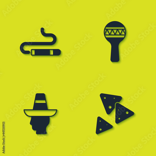 Set Cigar, Nachos, Mexican man sombrero and Maracas icon. Vector