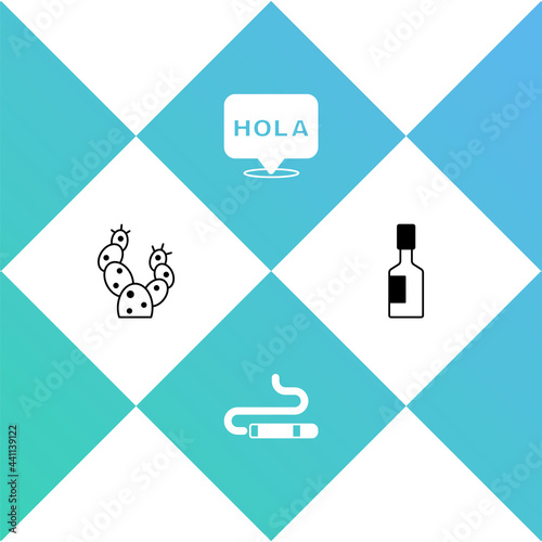 Set Cactus, Cigar, Hola and Tabasco sauce icon. Vector