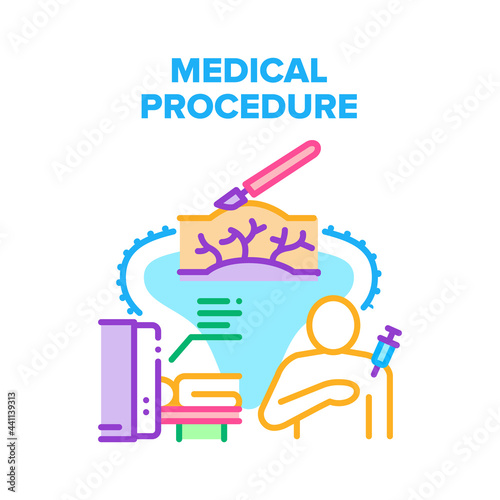 Medical Procedure Treatment Vector Icon Concept. Medical Procedure Treatment, Injection With Syringe, Surgical Incision With Scalpel And Health Examination In Mri Equipment Color Illustration