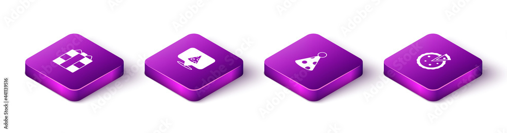 Set Isometric Gift box, Slice of pizza, Party hat and Homemade pie icon. Vector Set Isometric Gift box, Slice of pizza, Party hat and Homemade pie icon. Vector