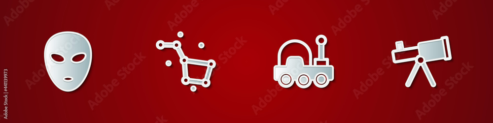 Set Alien, Great Bear constellation, Mars rover and Telescope icon. Vector Set Alien, Great Bear constellation, Mars rover and Telescope icon. Vector