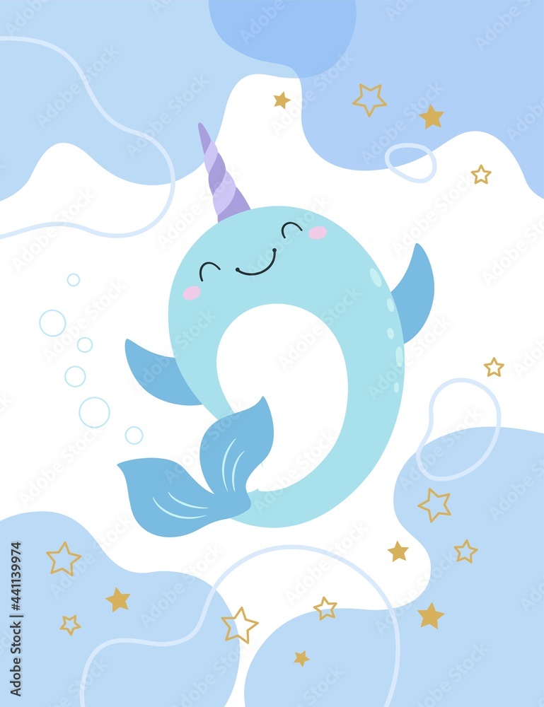 The narwhal body is upright, the tail is swinging, the front fins are open, and the background is an abstract irregular figure The narwhal body is upright, the tail is swinging, the front fins are open, and the background is an abstract irregular figure