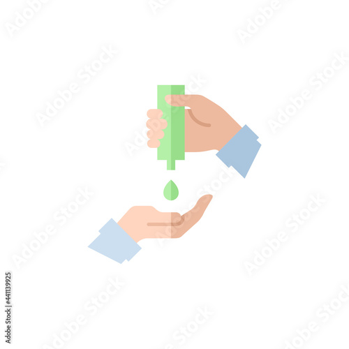 palm with hand sanitizer and drop of antiseptic gel single flat icon isolated on white. outline icon symbol Coronavirus Covid 19 banner disinfect hands flat element