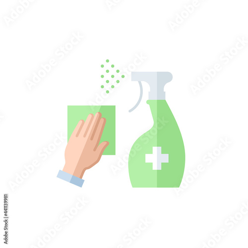 sprayer bottle with spray drops of antiseptic or disinfectant liquid single flat icon isolated on white. outline icon symbol Coronavirus Covid 19 banner disinfect surface flat element