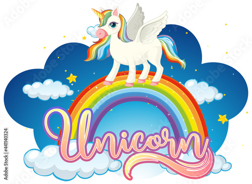 Cartoon character of unicorn standing on rainbow with unicorn font