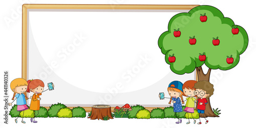 Empty banner with many kids doodle cartoon character