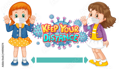 Keep Your Distance font design with two kids keeping social distance isolated on white background