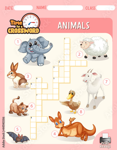 Crossword puzzle game template about animals