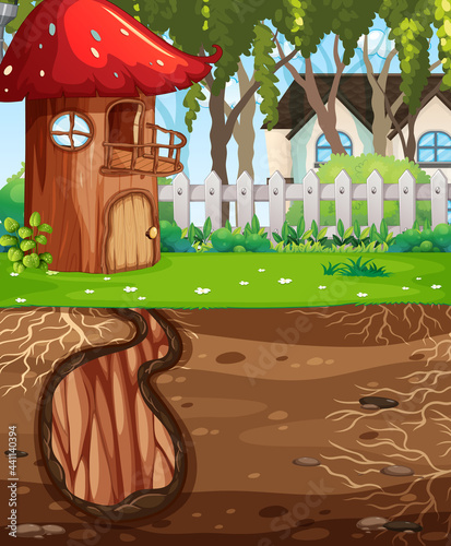 Underground animal hole with ground surface of the garden scene