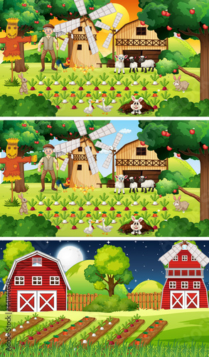 Different farm scenes with old farmer and animal cartoon character