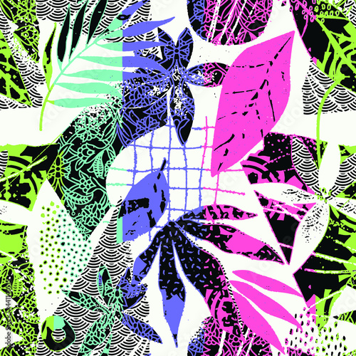 Fashionable and trendy simple collage plant exotica texture abstract floral, flower, leaf seamless pattern colors