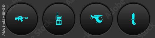 Set M16A1 rifle, Walkie talkie, Helicopter and Military knife icon. Vector