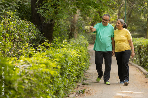 A SENIOR ADULT HUSBAND POINTING TOWARDS GARDEN WHILE WALKING WITH WIFE
