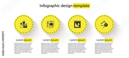 Set Employee dismissal, Contract money and pen, Drop in crude oil price and Global economic crisis. Business infographic template. Vector