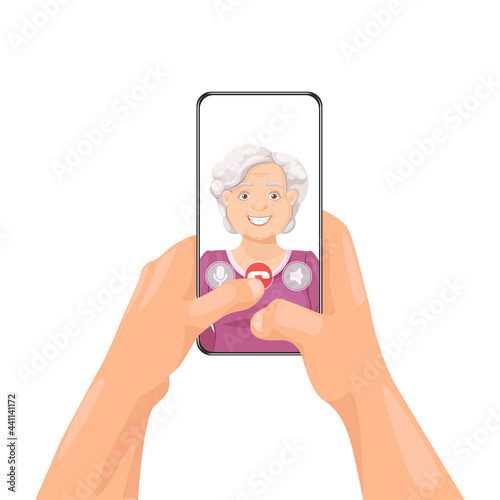 Video call with grandmother, hand holding phone, gadget in hands.