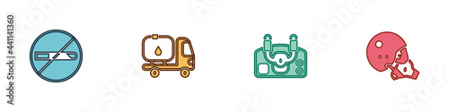 Set No Smoking, Fuel tanker truck, Aircraft steering helm and Modern pilot helmet icon. Vector