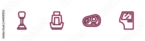 Set line Gear shifter, Car headlight, seat and door icon. Vector