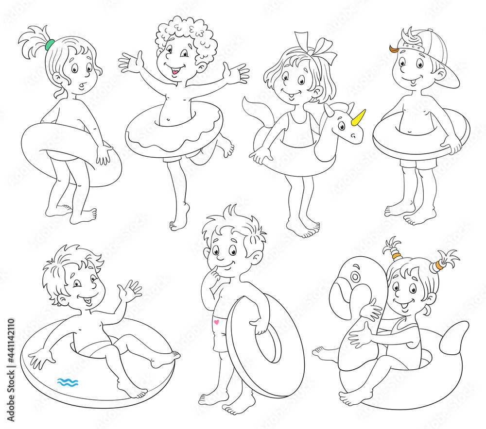 A group of funny children in different poses with swimming circles. Black and white with accents of color. In cartoon style. Isolated on white background. For coloring book. Vector illustration. A group of funny children in different poses with swimming circles. Black and white with accents of color. In cartoon style. Isolated on white background. For coloring book. Vector illustration.