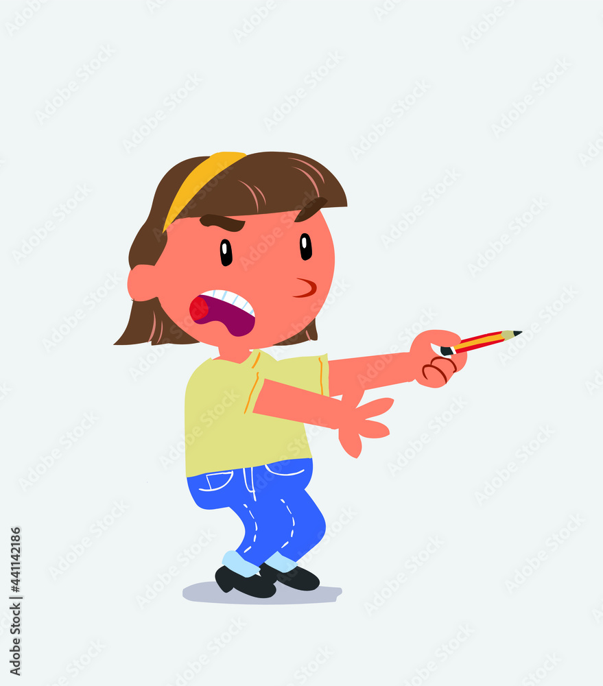 angry cartoon character of little girl on jeans with pencil points to the side. angry cartoon character of little girl on jeans with pencil points to the side.