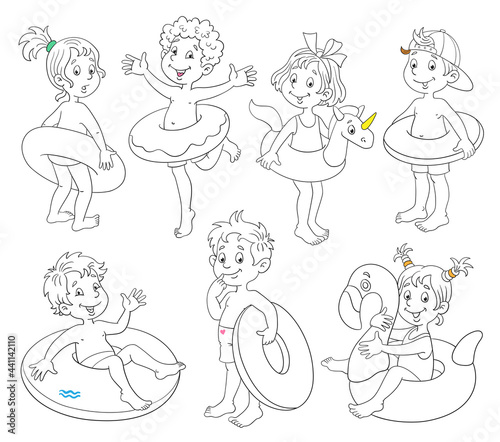 A group of funny children in different poses with swimming circles. Black and white with accents of color. In cartoon style. Isolated on white background. For coloring book. Vector illustration.