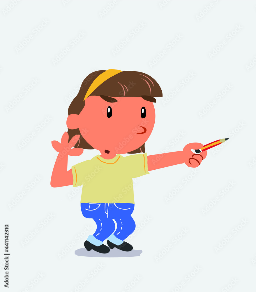 cartoon character of little girl on jeans doubts while pointing to the side with a pencil cartoon character of little girl on jeans doubts while pointing to the side with a pencil