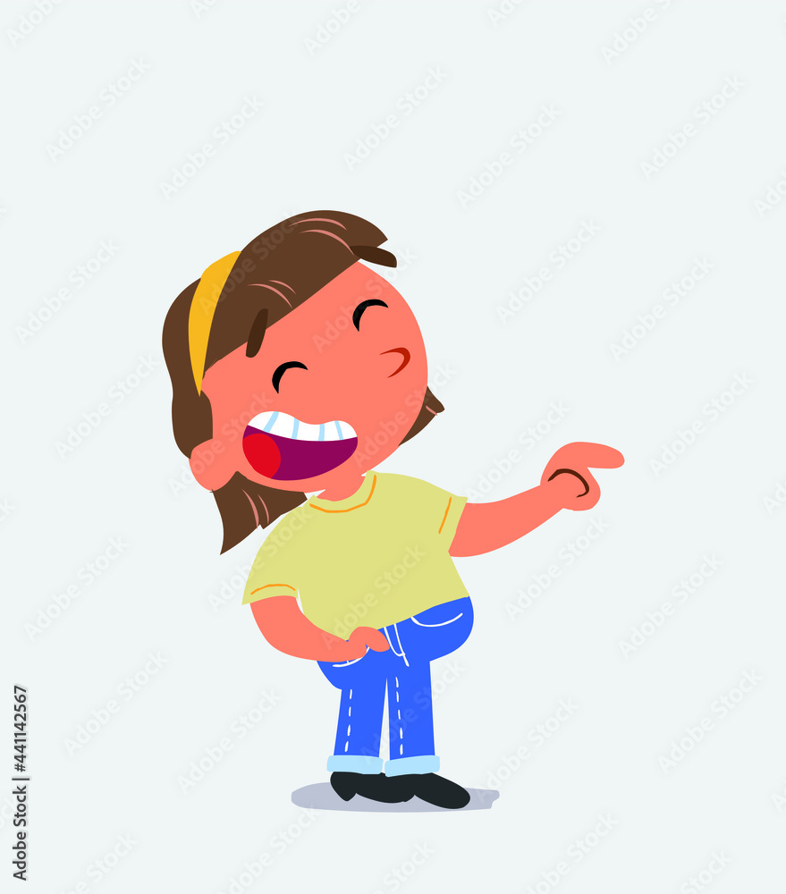 cartoon character of little girl on jeans points to his side while laughing cartoon character of little girl on jeans points to his side while laughing