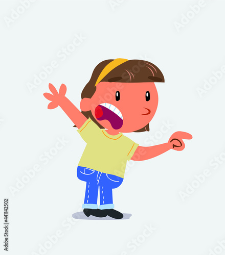 cartoon character of little girl on jeans pointing at something outraged