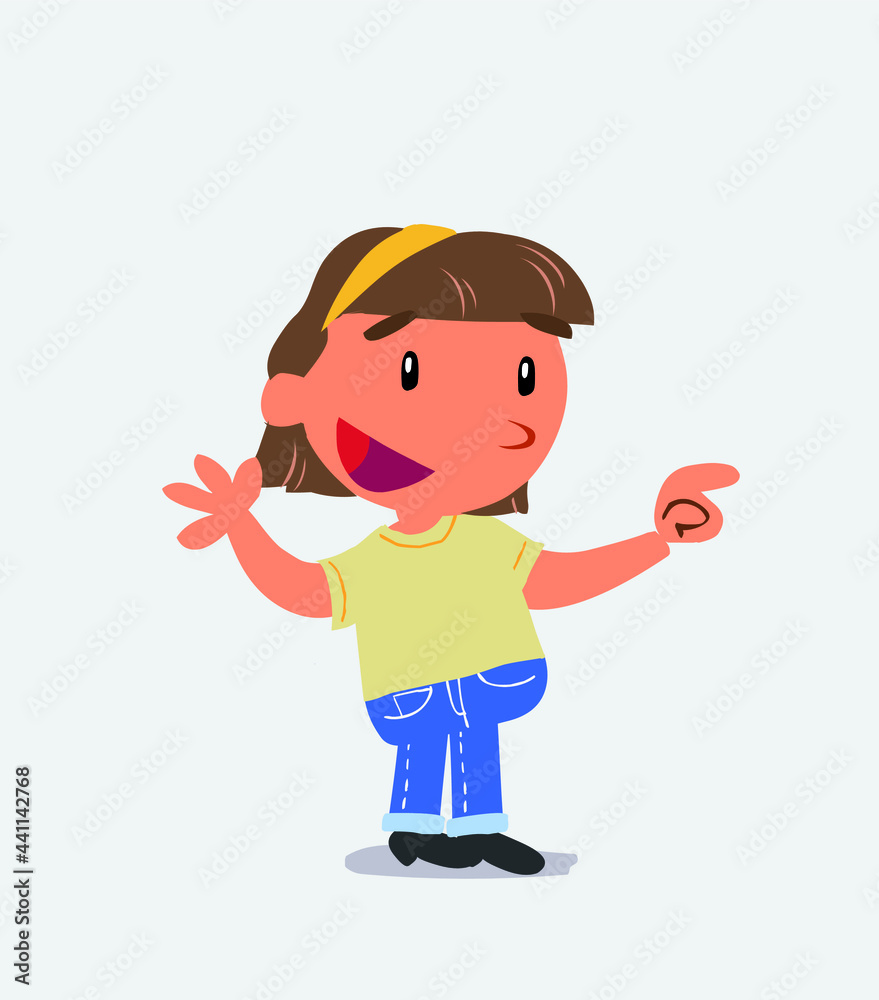 cartoon character of little girl on jeans smiling while pointing. cartoon character of little girl on jeans smiling while pointing.