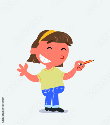 cartoon character of little girl on jeans says something funny while pointing to the side with a pencil.
