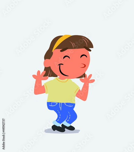  cartoon character of little girl on jeans shrinks somewhat shy