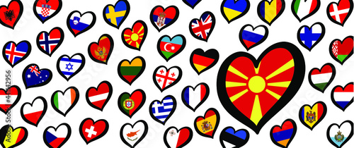 North Macedonia flag and different countries flags with heart flags logo. For Europe, eurovision music song festival, contest. Music songs for vision dreams. Vector pattern. 