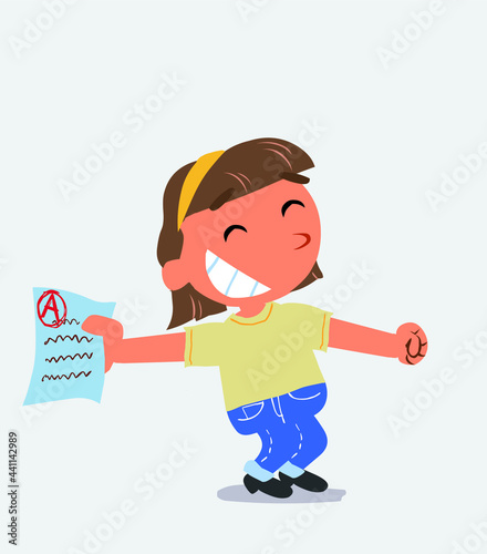  happy cartoon character of little girl on jeans rejoices with exam in hand