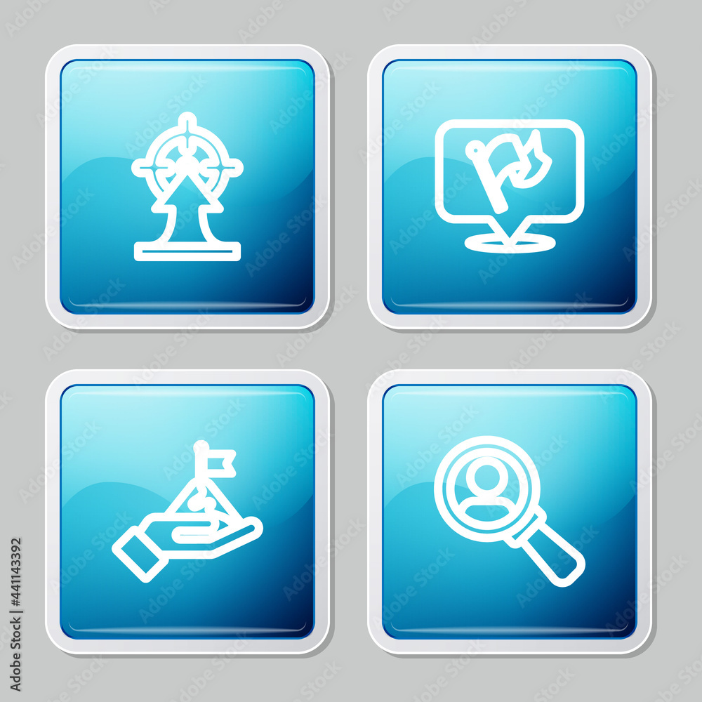 Set line Target, Flag, Mountains with flag and Magnifying glass for search icon. Vector Set line Target, Flag, Mountains with flag and Magnifying glass for search icon. Vector