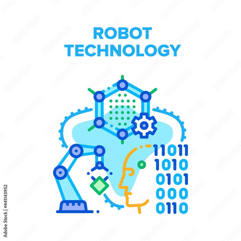 Robot Technology Vector Icon Concept. Robot Technology Developing And Coding, Robotic Arm For Working On Factory Conveyor. Engineering Technological Innovation System Color Illustration