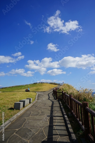 a beautiful seaside view with a cliff walkway, against charming clouds © SooHyun