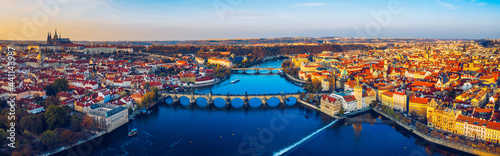 Fotografie Aerial Prague panoramic drone view of the city of Prague at the Old Town Square, Czechia