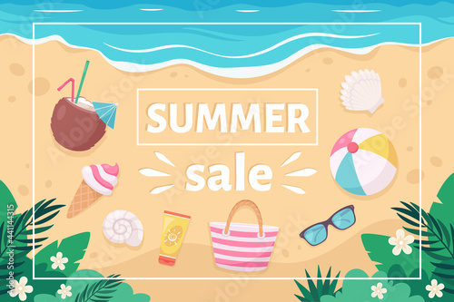 Summer sale banner with summer elements  pina colada  sunglasses  sunscreen  tropical flower  ice cream. Vector illustration
