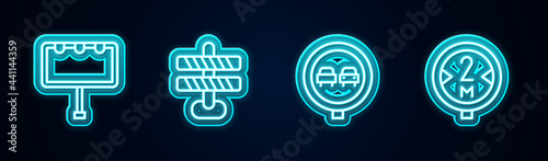 Set line Billboard with lights, Road barrier, No overtaking road traffic and sign. Glowing neon icon. Vector