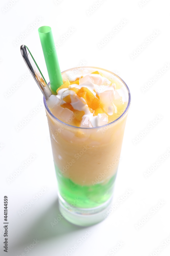 ice milk drink with mango durian fruit and coconut pandan jelly pudding in tall glass and beverage menu ice milk drink with mango durian fruit and coconut pandan jelly pudding in tall glass and beverage menu