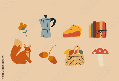 Set of various autumn elements. Hand drawn colorful icons. Vector illustration in flat cartoon style. All elements are isolated.