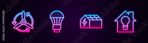 Set line Wind turbine, LED light bulb, Solar energy panel and Smart house and. Glowing neon icon. Vector